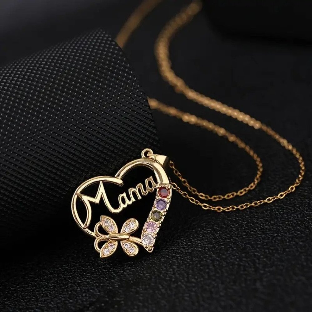 "Mama" Butterfly Rhinestone Heart Necklace